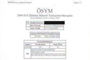 ÖSYM 2009-TUS yerleştirme sonucu — Hacettepe Üniversitesi Tıp Fakültesi, Kulak Burun Boğaz Hastalıkları — şəxsi kimlik məlumatları qaralanıb