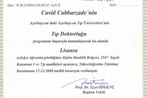 YÖK Diploma Denklik Belgesi — Azərbaycan Tibb Universiteti, tıp doktorluğu, 17 Aralık 2008
